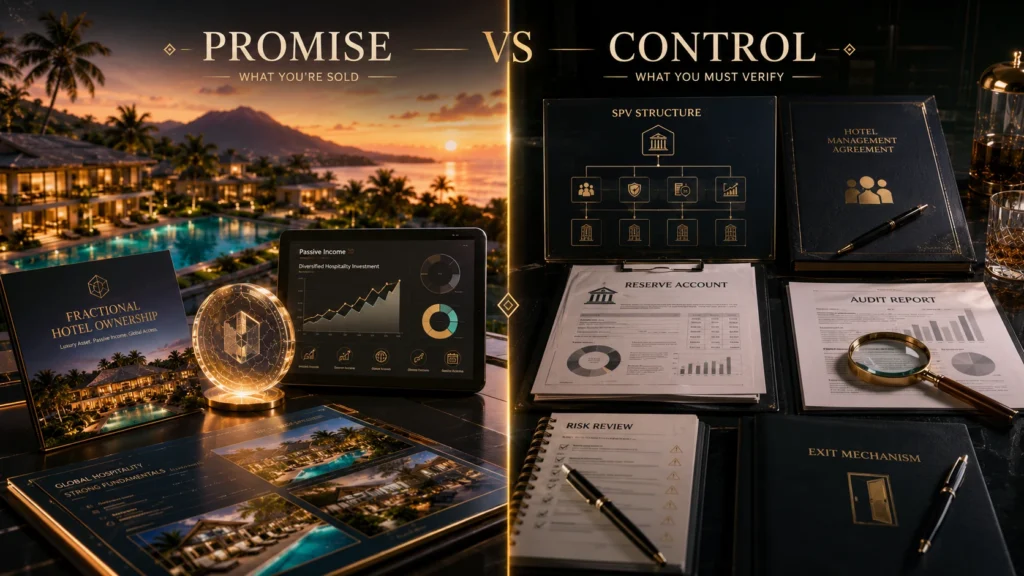 Split-screen visual comparing tokenized Bali hotel investment marketing promises with investor reality, including SPV documents, operator agreement, reserve policy, audit, and exit review.
