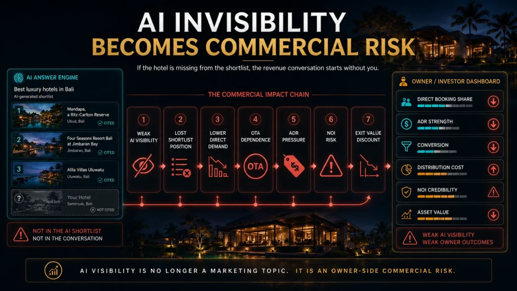 Owner-side commercial risk map showing how weak AI visibility for hotels can reduce direct demand, increase OTA dependence, pressure ADR, weaken NOI credibility, and affect asset value.