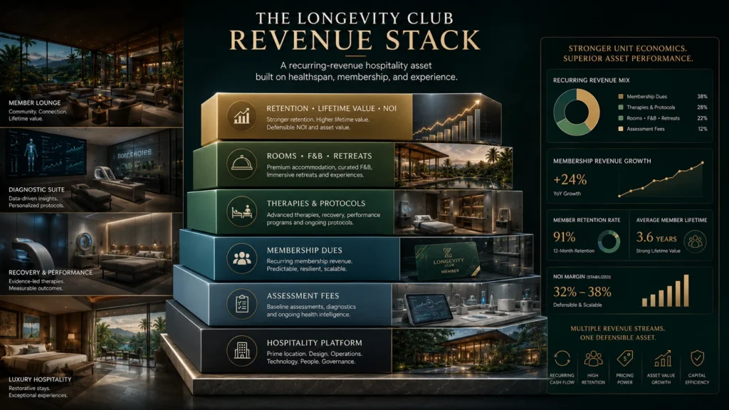 Commercial architecture diagram of a longevity club hospitality asset showing assessment fees, membership dues, therapies, hospitality revenue, retention, lifetime value, and NOI.
