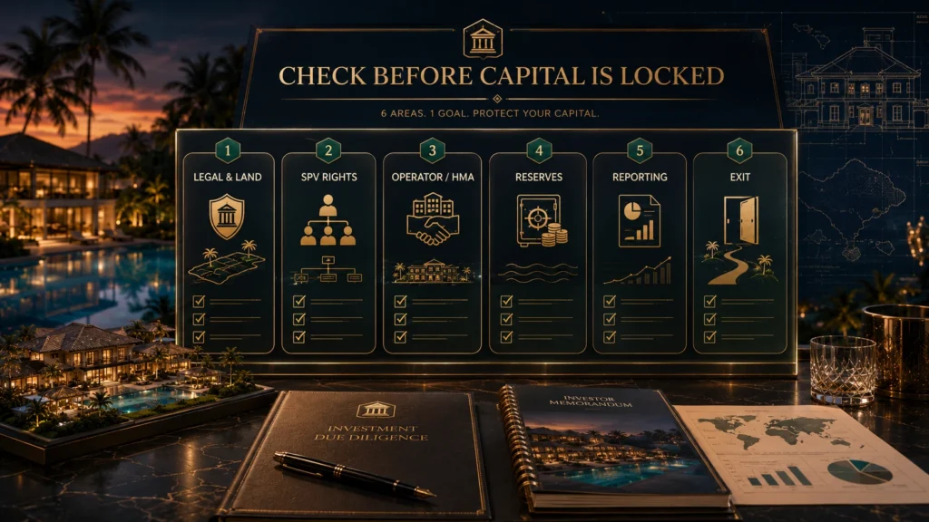 Investor due diligence checklist for tokenized Bali hotel investment showing legal land structure, SPV rights, HMA, reserve policy, reporting, and exit mechanism.
