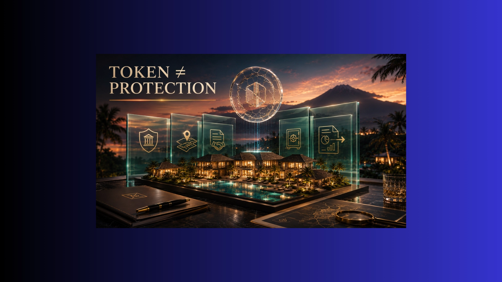 Premium investor-boardroom visual showing a tokenized Bali hotel investment structure with a digital token, luxury hotel model, SPV, HMA, reserve, reporting, and exit governance layers.