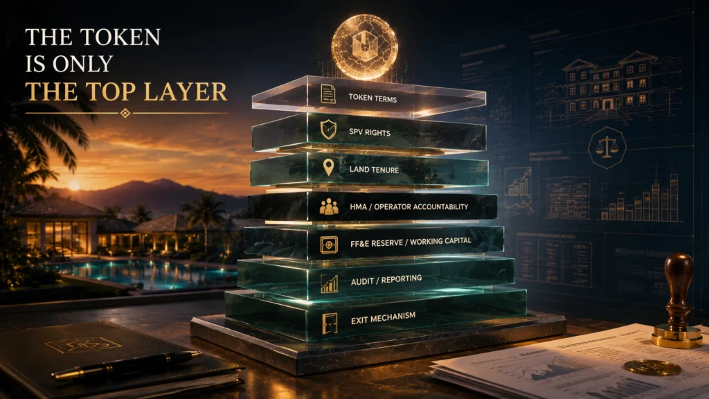 Governance stack for tokenized hotel investment in Bali showing token terms, SPV rights, land tenure, HMA, FF&E reserve, audit reporting, and exit mechanism.