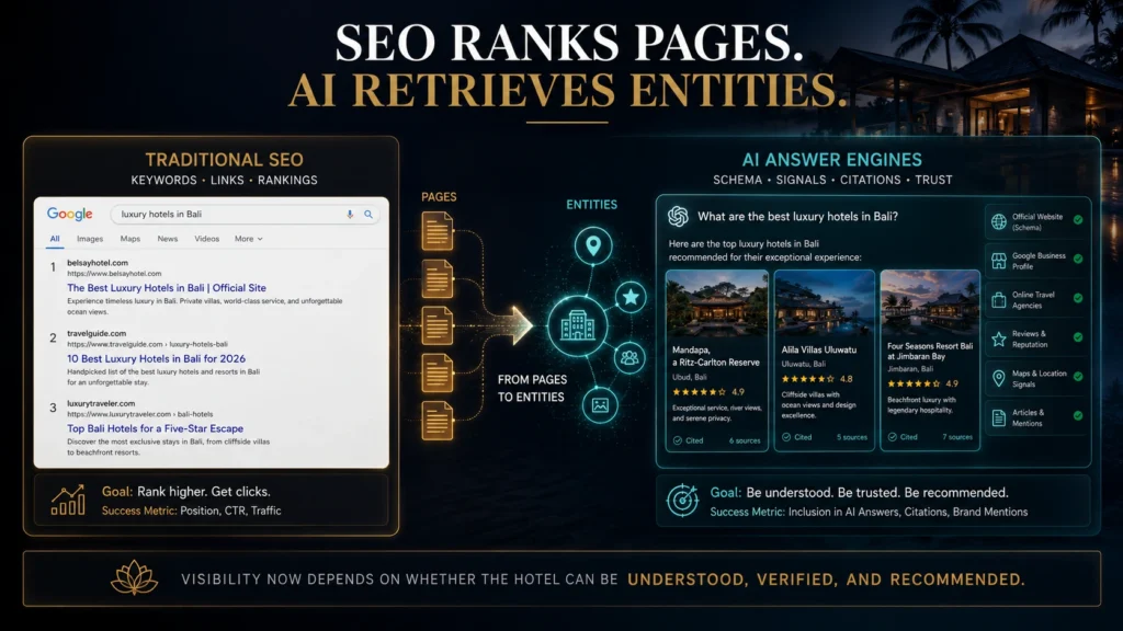 Comparison visual showing traditional hotel SEO versus AI answer engine optimization, with SEO ranking pages and AI retrieving structured hotel entities.